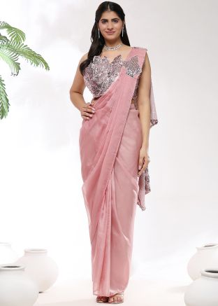 Readymade Embroidered Organza Saree In Peach