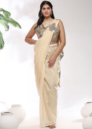 Cream Organza Readymade Saree With Blouse