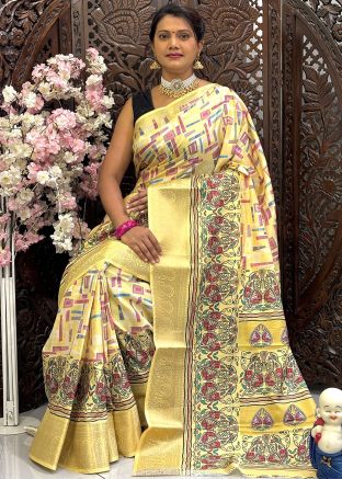 Yellow Digital Print Art Silk Saree