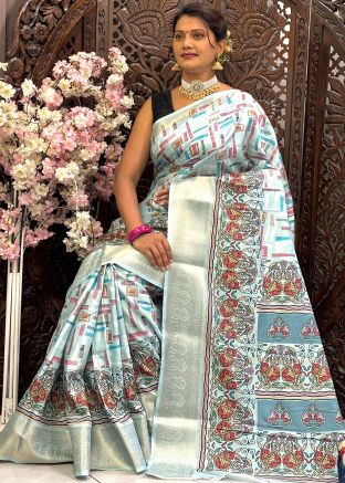 Blue Digital Print Art Silk Saree