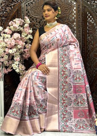 Light Pink Art Silk Saree In Digital Print