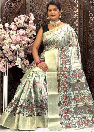 Light Yellow Digital Print Saree In Art Silk