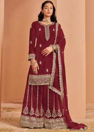 Red Embroidered Georgette Salwar Suit Set
