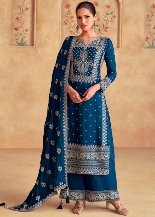 Blue Embroidered Palazzo Salwar Suit Set