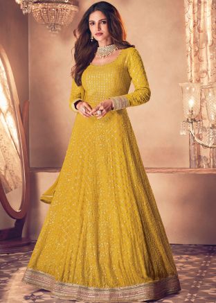 Yellow Embroidered Abaya Style Suit