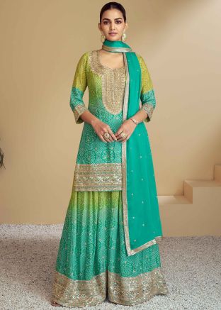 Readymade Turquoise & Green Bandhej Print Palazzo Suit