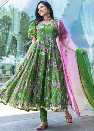 Readymade Green Floral Print Anarkali Suit