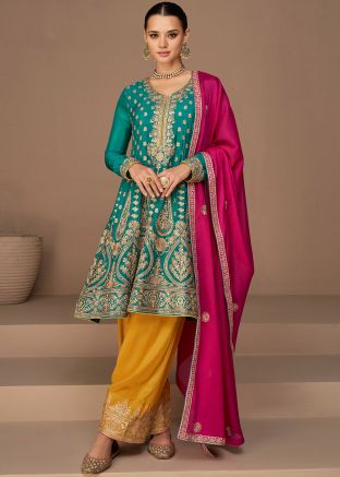 Turquoise Embroidered Readymade Flared Palazzo Suit