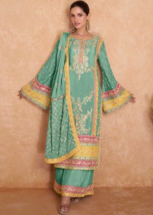 Green Embroidered Readymade Palazzo Suit In Chiffon