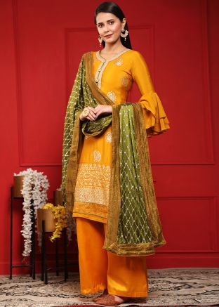 Yellow Embroidered Palazzo Suit In Chiffon