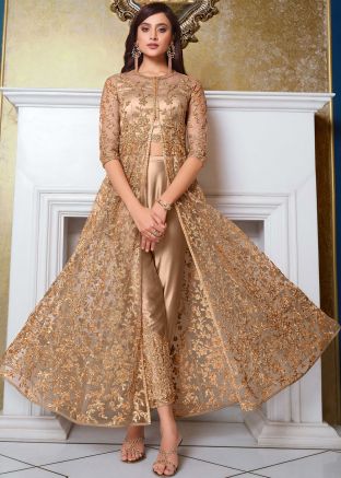 Beige Embroidered Slit Style Suit In Net