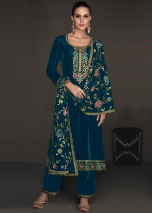 Teal Blue Embroidered Velvet Pant Suit