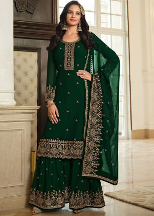 Green Zari Embroidered Palazzo Suit In Georgette