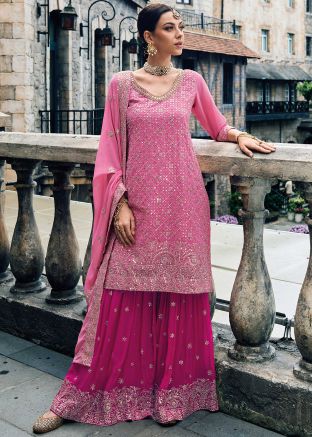 Pink Zari Embroidered Palazzo Suit In Georgette