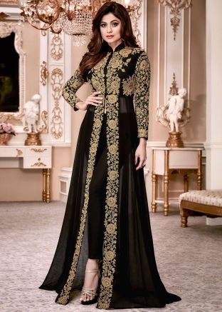 Shamita Shetty Black Embroidered Slit Pant Suit