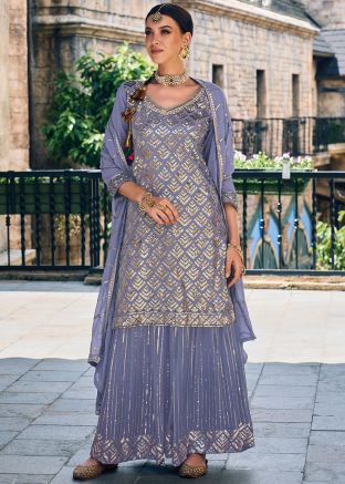 Blue Sequins Embellished Palazzo Suit