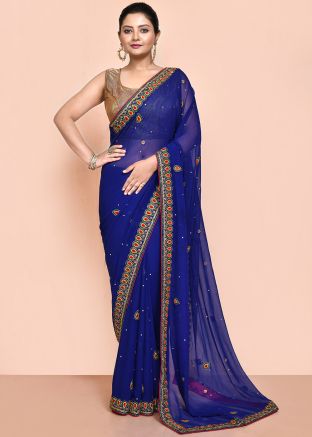 Blue Georgette Saree In Handwork Embroidery