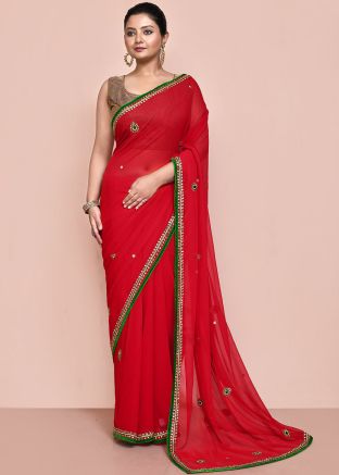 Red Georgette Saree In Handwork Embroidery