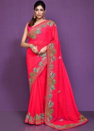 Coral Pink Handwork Embroidery Saree