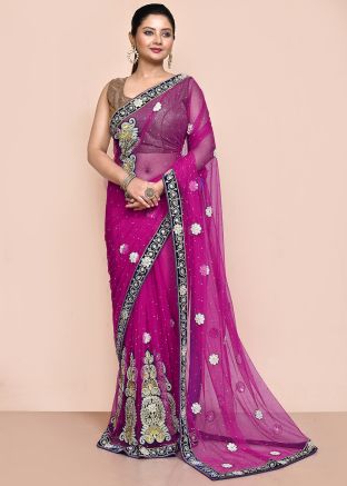 Pink Handwork Embroidered Net Saree