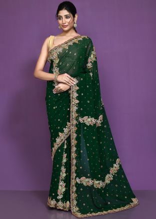 Green Georgette Saree In Handwork Embroidery