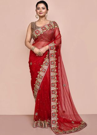 Red Net Saree In Handwork