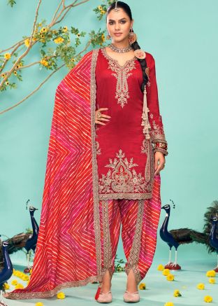 Red Embroidered Dhoti Salwar Suit Set