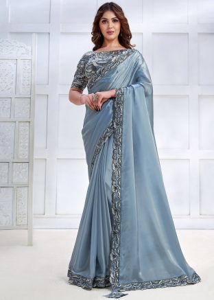 Ice Blue Embroidered Readymade Satin Silk Saree