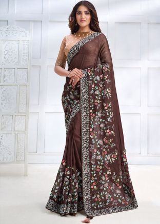 Brown Readymade Embroidered Saree In Georgette