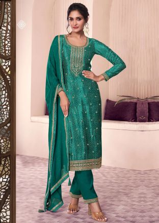 Green Embroidered Chiffon Pant Style Suit