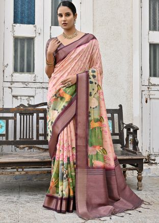 Peach Print Saree In Tussar Silk