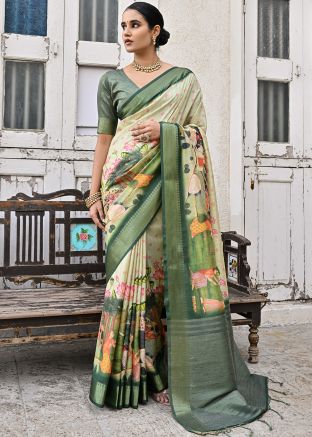Green Print Saree In Tussar Silk