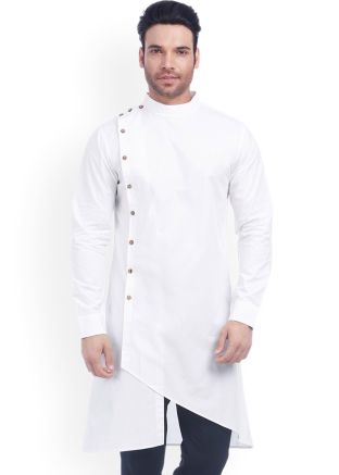 White Readymade Cotton Asymmetric Kurta 