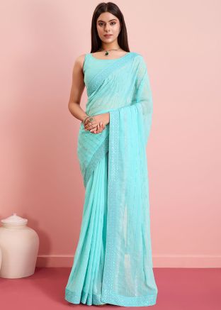 Blue Sequins Embroidered Art Silk Saree