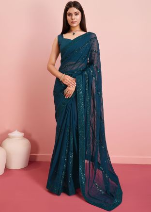 Teal Blue Embroidered Art Silk Saree
