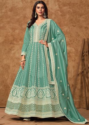 Readymade Turquoise Embroidered Anarkali Suit