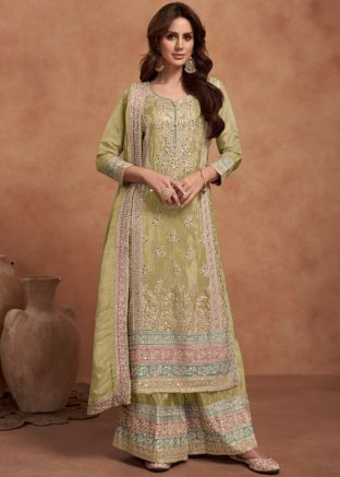 Green Embroidered Salwar Suit Set In Art Silk
