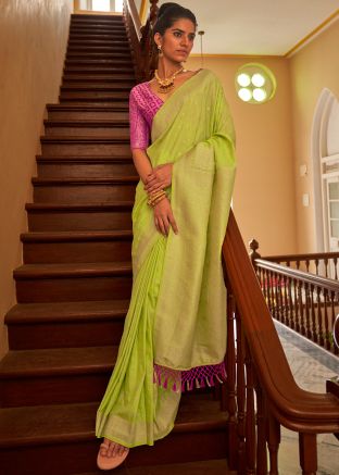 Green Crape Work Saree In Woven Work 
