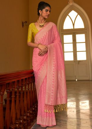 Pink Zari Woven Work Crape Saree