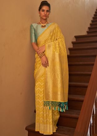 Yellow Woven Work Saree With Blouse