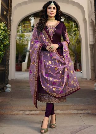 Purple Embroidered Salwar Kameez In Georgette