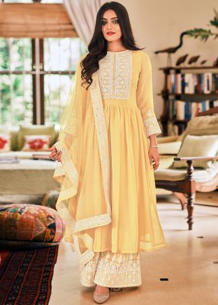 Yellow Embroidered Anarkali Palazzo Suit