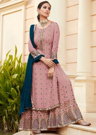 Mauve Pink Embroidered Palazzo Suit