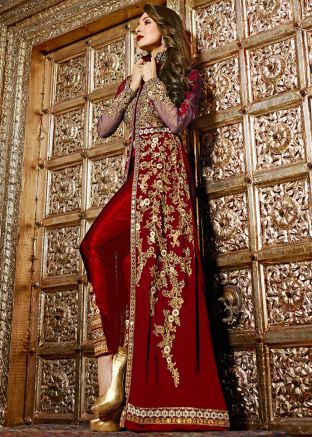 Malaika Arora Maroon Slited Embroidered Pant Suit