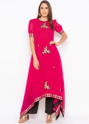 Pink Embroidered Asymmetric Puff Sleeved Long Kurta
