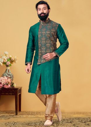 Green Readymade Embroidered Silk Kurta With Churidar