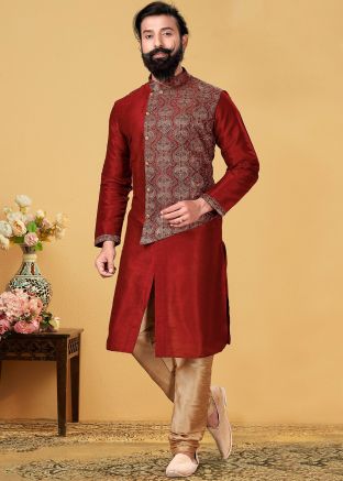 Red Embroidered Readymade Kurta Pajama For Groom