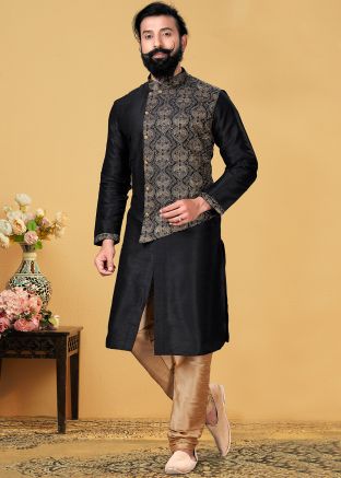 Black Embroidered Readymade Kurta Pajama In Silk