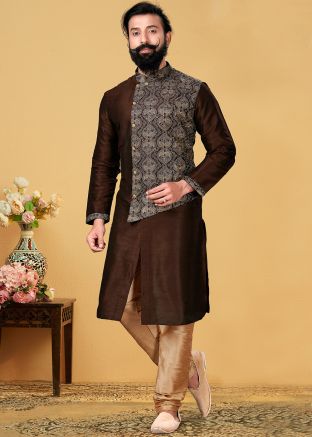 Embroidered Readymade Silk Kurta Pajama In Brown