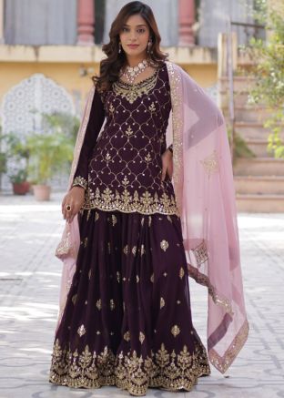 Purple Embroidered Palazzo Salwar Suit Set